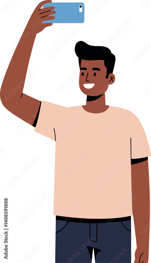 Poster young man smiling while taking a selfie in a minimal flat design vector art
