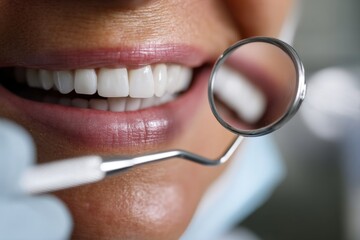 A woman smiles confidently while a dental professional uses a mirror to examine her teeth. This highlights the routine of maintaining dental health in a clinic Generative AI