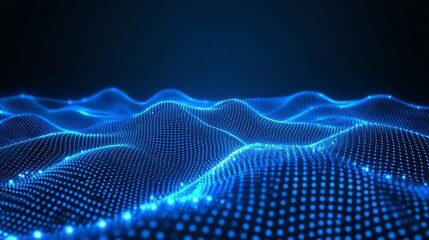 Futuristic grid landscape with dynamic blue waves and glowing particles