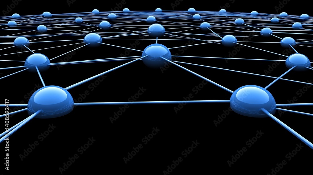 Poster interconnected network of blue spheres representing connections and data flow