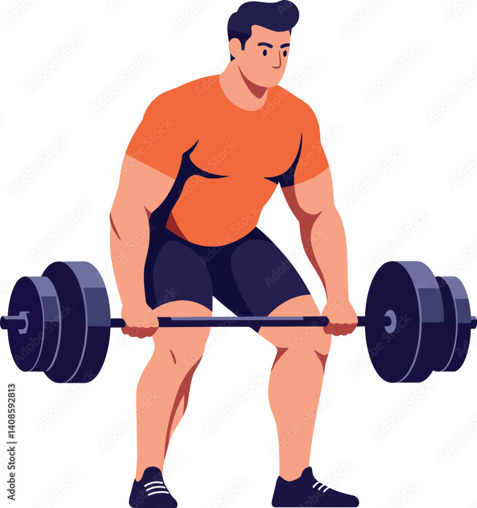 Poster strong man lifting weights in a dynamic pose, flat design vector art