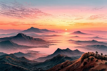 Naklejka premium Vibrant sunset over mountains with a colorful sky and serene landscape.