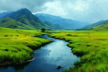 Serene landscape with a winding river and lush green fields.