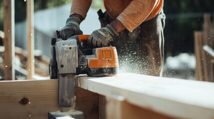 A construction worker operating a power saw at a building site. Featuring precision and safety