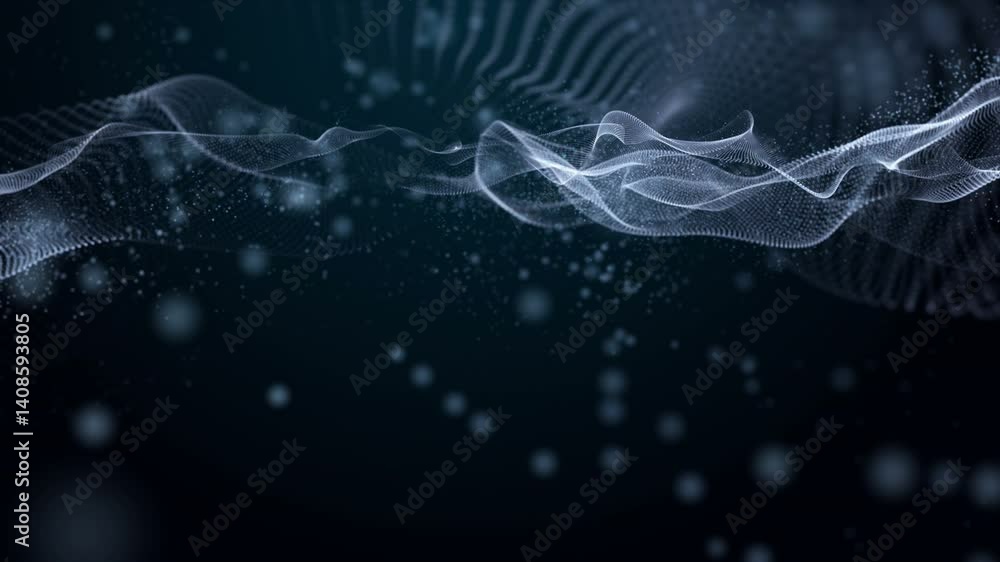 Poster futuristic video animation with particle wave object in slow motion, 4096x2304 loop 4k