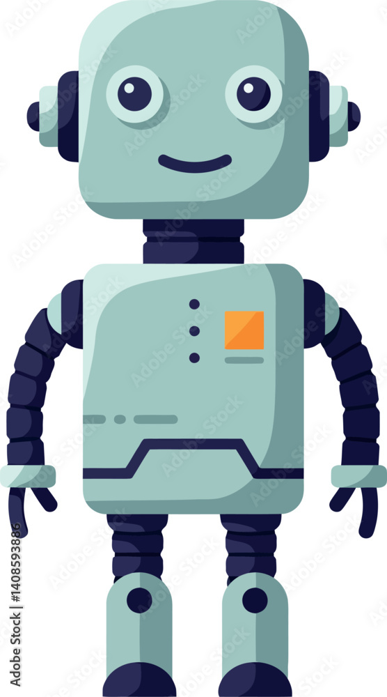 Poster friendly cartoon robot character with a smiling face in a flat, minimal design style, vector illustr