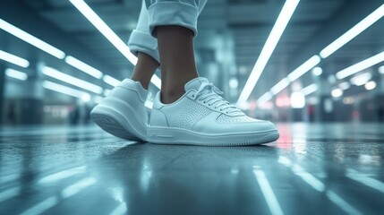 Fototapeta premium Stylish white sneakers on a polished floor. Modern urban setting with bright lights