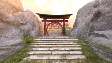 Obraz premium 岩山の寺院 3DCGレンダリング