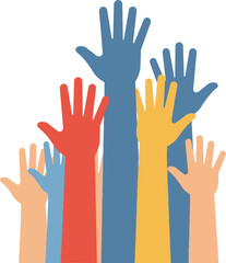 Fototapeta premium Colorful hands raised together in unity showcasing diverse support in flat vector art