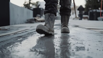 Paving crew member leveling freshly poured concrete on a city sidewalk. Featuring teamwork and expertise