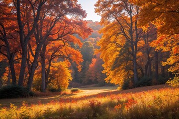 Fototapeta premium Enchanting Autumn Landscape with Vibrant Fall Colors and Dappled Sunlight in a Scenic Forest Setting