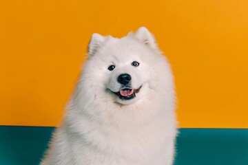 Fototapeta premium Adorable Samoyed Dog Portrait Fluffy White Dog on Vibrant Background