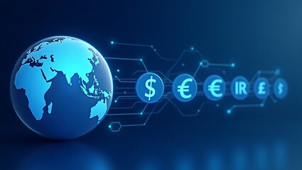 Futuristic Global Finance Concept with Currency Symbols and Digital Globe