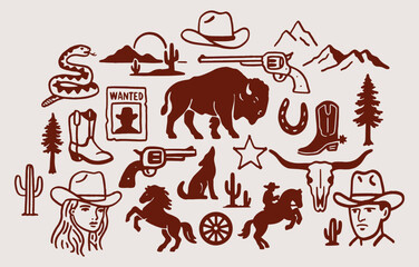 Western Cowboy Vector Illustration Set – Hand-Drawn Vintage Wild West Icons Including Cowgirl, Guns, Cactus, Bison, Horses, and Desert Elements
