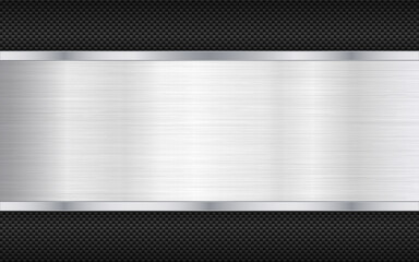Carbon fiber background with metal plate. Industrial texture with steel details. Chrome sheet with light effect. Metallic polished surface with glares. Vector illustration.