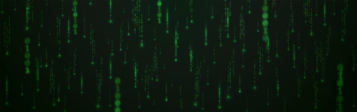 Binary code background with falling digits. Futuristic green matrix. Abstract data stream. Glowing running numbers. Random overlay code on wide wallpaper. Vector illustration.