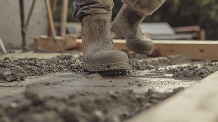 Builder laying cement at a construction site. Featuring precision and expertise