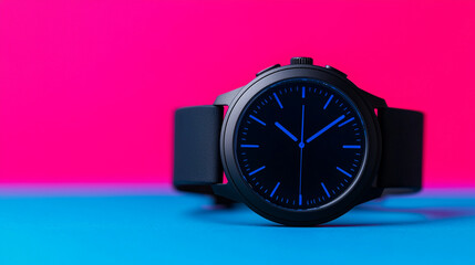 sleek black smartwatch with blue accents stands out against vibrant pink and blue background, showcasing modern design and functionality