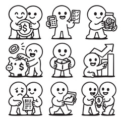 Cartoon characters engaging in financial activities, including saving money, budgeting, and managing bills, conveying sense of teamwork and positivity in personal finance