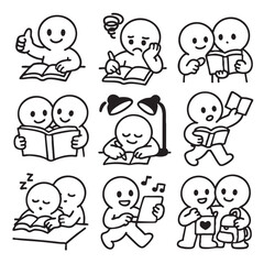 Reading is joyful activity that brings people together, showcasing various emotions and interactions. This illustration captures characters engaged reading, studying, and sharing moments