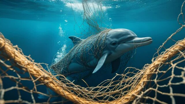 Dolphin Trapped in Fishing Net Underwater