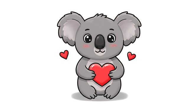 A cute cartoon koala holding a heart, looking loveable and affectionate, on a white background