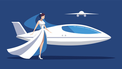The sleek aerodynamic design of the air taxi complements the brides modern and futuristic wedding gown.. Vector illustration