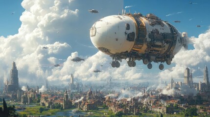 Floating steampunk airship above a fantastical city