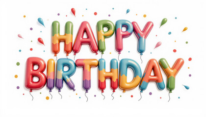 Festive balloon-letter 'Happy Birthday' with confetti and bright colors. Ideal for parties, greeting cards, and celebration designs. Happy Birthday!