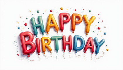 Festive balloon-letter 'Happy Birthday' with confetti and bright colors. Ideal for parties, greeting cards, and celebration designs. Happy Birthday!