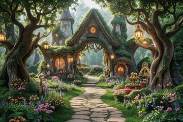 Fototapeta premium Magical Fairytale Background with Enchanting Whimsical Forest Scenery