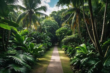 Obraz premium Tranquil Tropical Oasis with Vibrant Green Foliage and Scenic Pathway