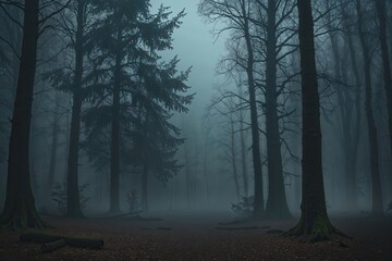 Fototapeta premium Eerie Foggy Dark Forest Scene with Haunting Trees and Open Space