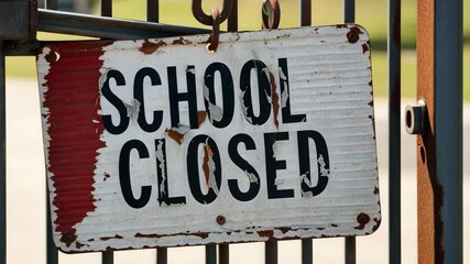School Closure Notice Metal Sign on Gate Indicates Temporary Shutdown of Education, Signaling Pause in Learning and Activities.
