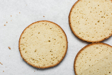 Overhead view of vanilla cake layers on a white countertop, top view of vanilla cake slices about to be assembled, process of making layered cake