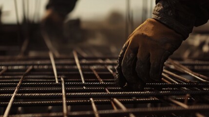 A construction worker placing steel rebar in a concrete foundation. Featuring strength and attention to detail