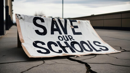sign on ground advocates for education as funding shuts down, emphasizing need to save our schools and ensure brighter future