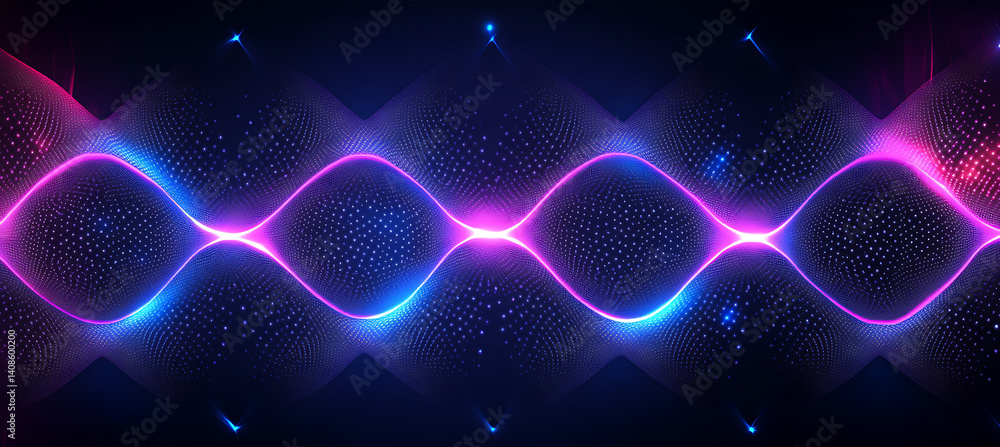Poster abstract wave pattern with neon glowing dots on dark background