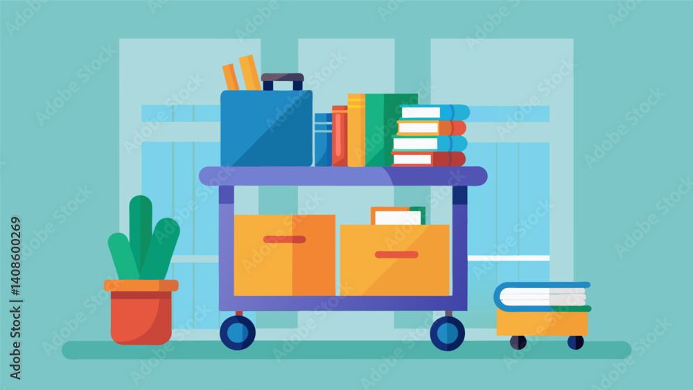 Poster a mobile homework station consisting of a rolling cart with stacked bins filled with school supplies