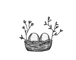 Line art stroke illustration of Easter egg basket with flowers. Concept of Easter, spring, Christianity, salvation, resurrection, hand drawing