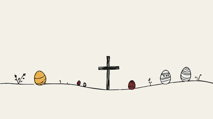 Line art stroke illustration of Easter Catholic cross with eggs. Concept of Easter, spring, Christianity, salvation, resurrection, hand drawing