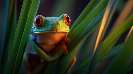 Wildlife Closeup of Red-Eyed Tree Frog, Vibrant Amphibian in Rainforest, Tropical Jungle Habitat, Nature Macro Photography, Evening Light Mood