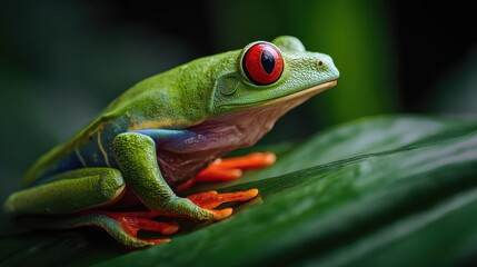 Wildlife Closeup of Red-Eyed Tree Frog, Vibrant Amphibian in Rainforest, Tropical Jungle Habitat, Nature Macro Photography, Evening Light Mood