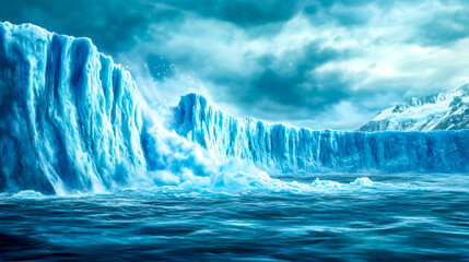 Massive glacier breaking apart with chunks of ice falling into the ocean