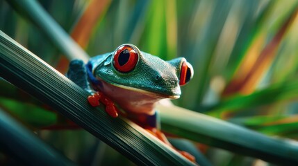 Wildlife Closeup of Red-Eyed Tree Frog, Vibrant Amphibian in Rainforest, Tropical Jungle Habitat, Nature Macro Photography, Evening Light Mood