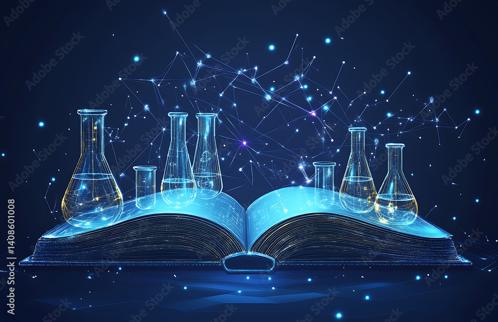 Poster glass beakers resting on an open book with glowing network background