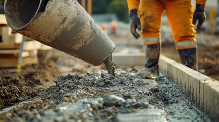 A construction worker pouring cement into a mold. Featuring precision and effort
