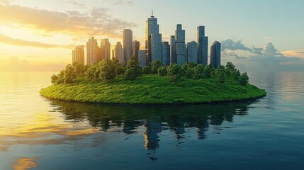 Fototapeta premium Eco-City Island: A Sustainable Metropolis on a Lush Green Island at Sunset
