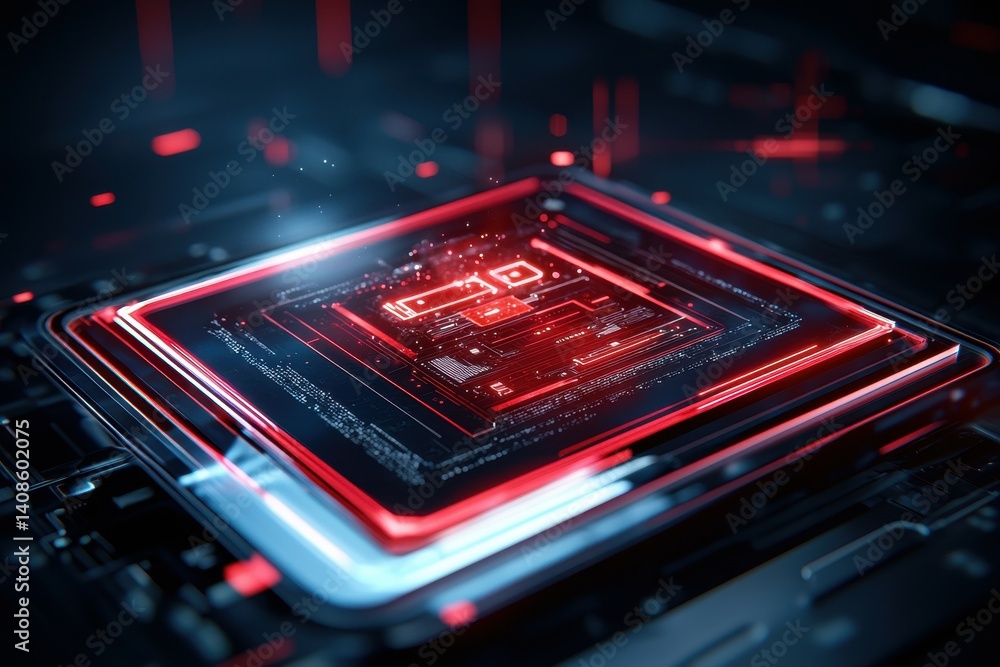 Poster futuristic glowing microchip in a technological environment.