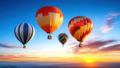 Fototapeta premium Colorful hot air balloons soaring at dawn against a beautiful sunrise backdrop.